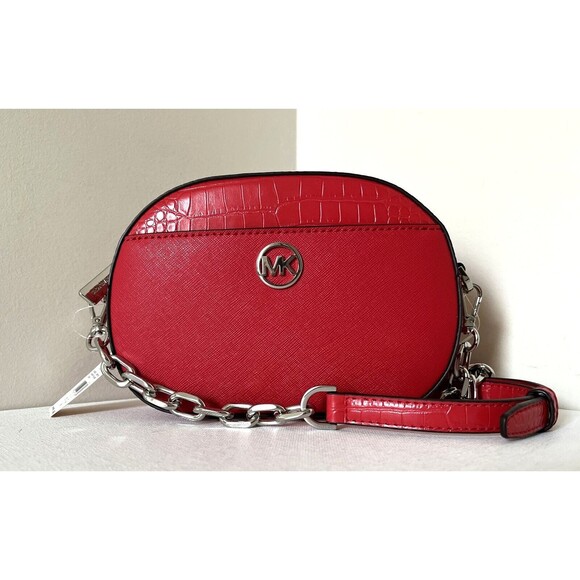New Michael Kors Jet Set Glam Croc Small Oval Crossbody Bag Bright Red - Picture 1 of 5